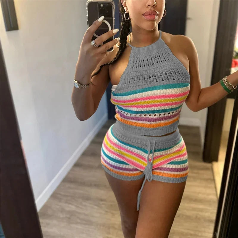 TAMBREET Women Suits Hhanging Neck Lace-up Sleeveless Backless Tops Female Casual Knitted Rainbow Stripes Two Piece Sets Slim Fit Shorts