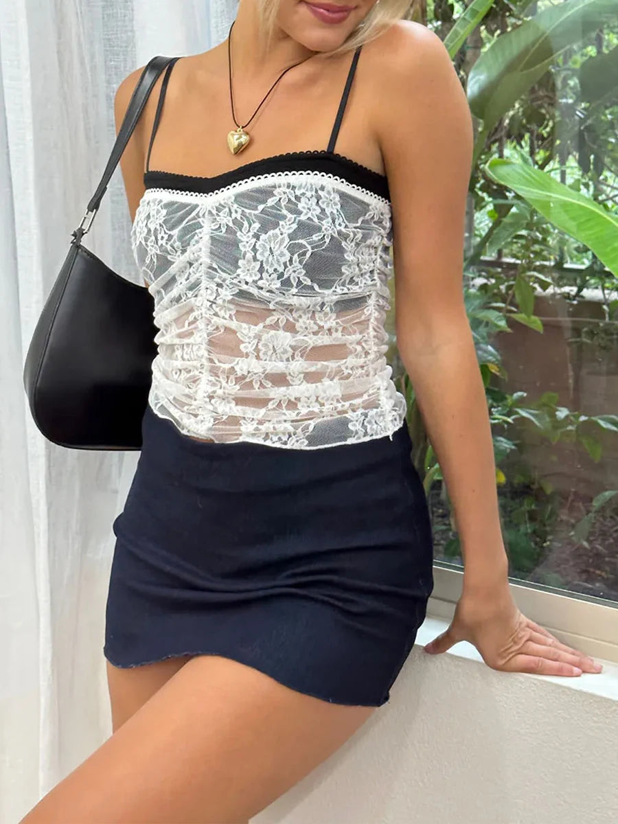 TAMBREET Women Summer 2 Piece Outfit See-through Lace Black Camisole Top with Mini Bodycon Skirt Hot Hot Girl Outfit Party Outfit