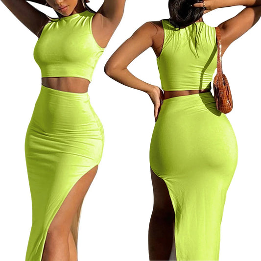 TAMBREET Women Summer 2 Pieces Outfits Solid Color Crew Neck Sleeveless Tank Tops Wrapped Hip High Slit Long Skirts Set