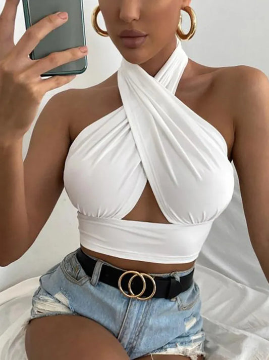 TAMBREET Women Summer Tank Tops Sexy Solid Color Cross Halter Neck Push Up Hollow Crop Tops High Street Wear 2024 New Fashion