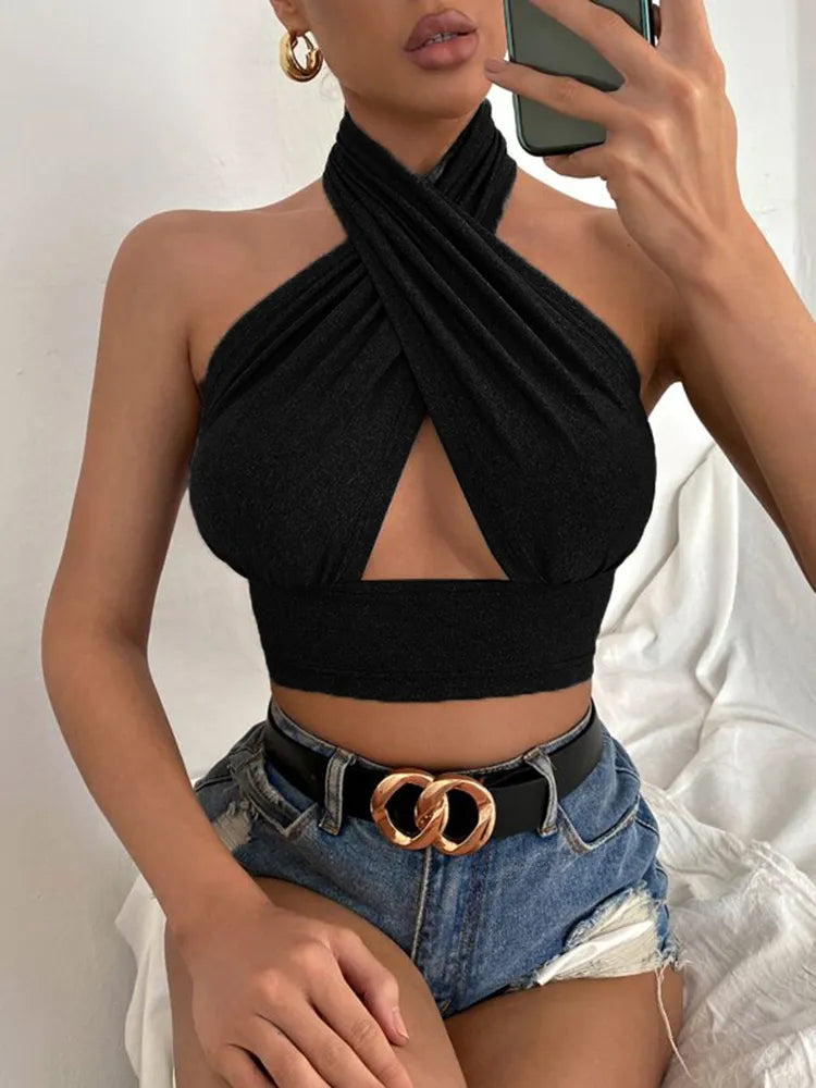 TAMBREET Women Summer Tank Tops Sexy Solid Color Cross Halter Neck Push Up Hollow Crop Tops High Street Wear 2024 New Fashion