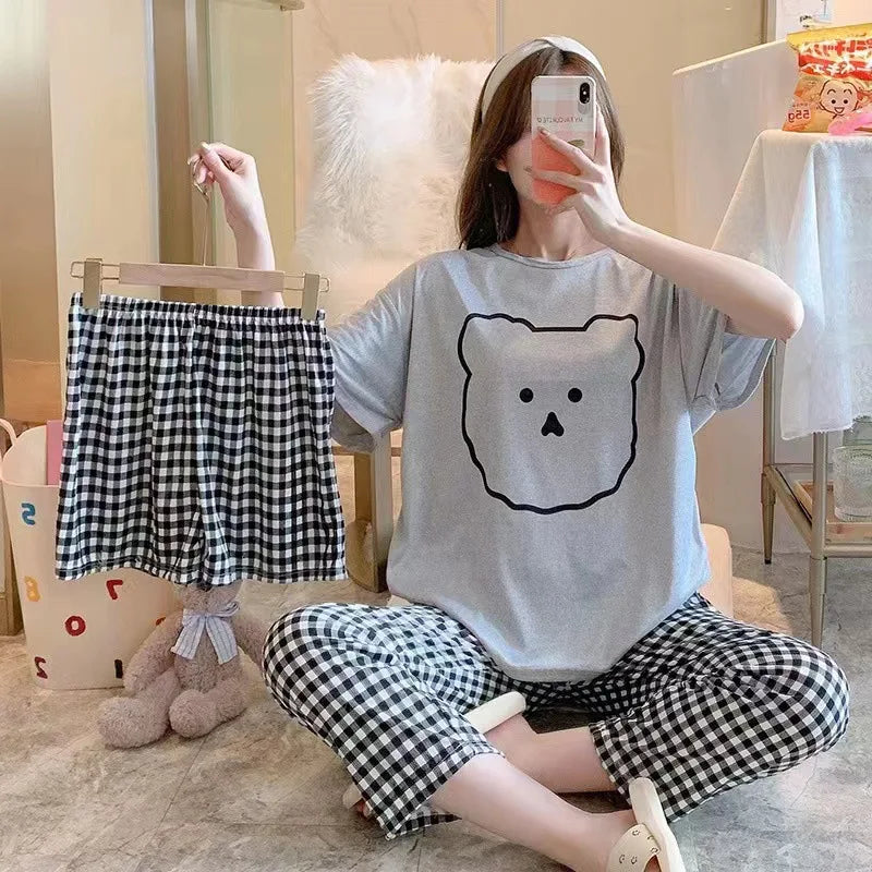 TAMBREET Women Three-piece Set Senior sense Pajamas  Set Young Girls Print Sleepwear  Round Neck Short Sleeved Top Loungewear Homewear