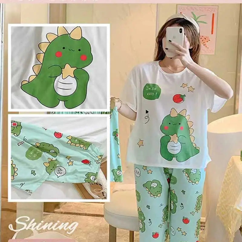 TAMBREET Women Three-piece Set Senior sense Pajamas  Set Young Girls Print Sleepwear  Round Neck Short Sleeved Top Loungewear Homewear