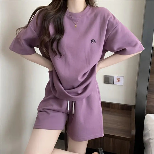 TAMBREET Women Tracksuit Summer Solid T-Shirt Shorts Matching Outfit Casual 2 Piece Sets Loose High Waist Short Pants O-Neck Simple Suit