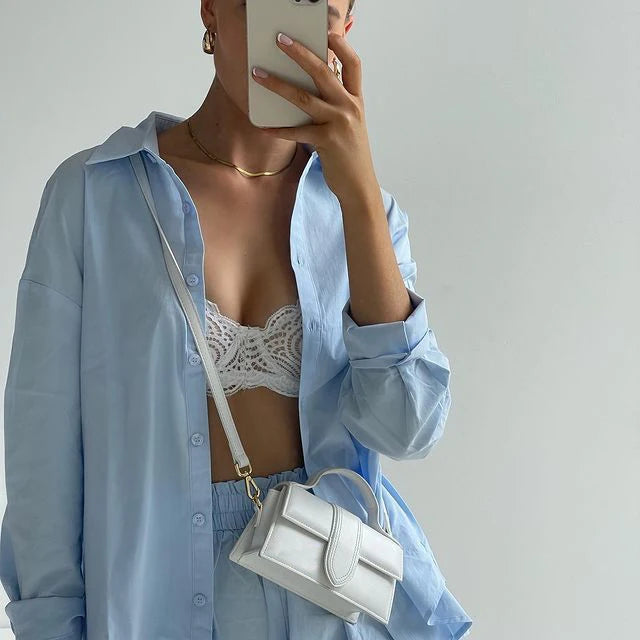 TAMBREET Women Tracksuits Shirt With Mini Shorts Cotton Two Pieces Sets Fashion Clothing Outfits Women Blouses Fashion Tracksuits