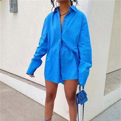 TAMBREET Women Tracksuits Shirt With Mini Shorts Cotton Two Pieces Sets Fashion Clothing Outfits Women Blouses Fashion Tracksuits