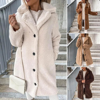 TAMBREET Women Trench Winter Longer Faux Fur Warm Coat Long Sleeve Female Thick Teddy Bear Coat Casual Loose Oversize Outwears