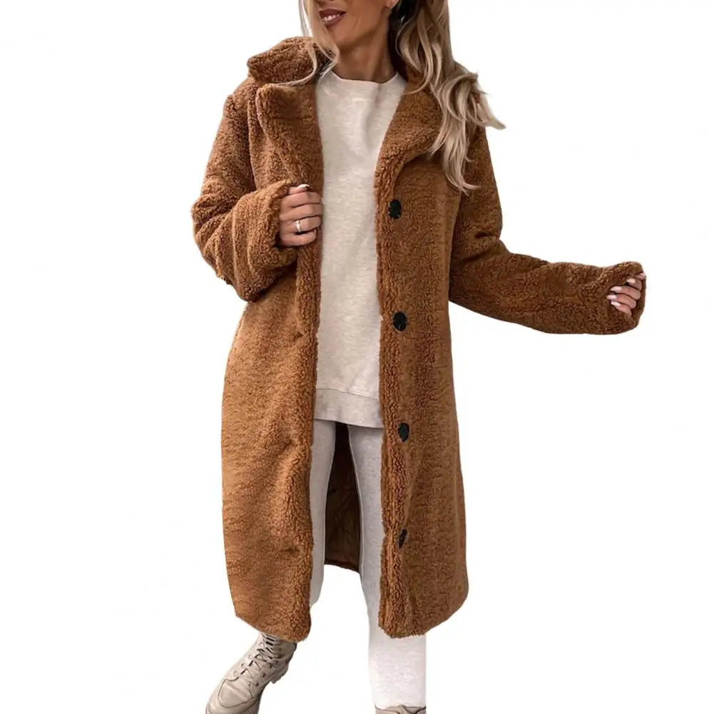 TAMBREET Women Trench Winter Longer Faux Fur Warm Coat Long Sleeve Female Thick Teddy Bear Coat Casual Loose Oversize Outwears