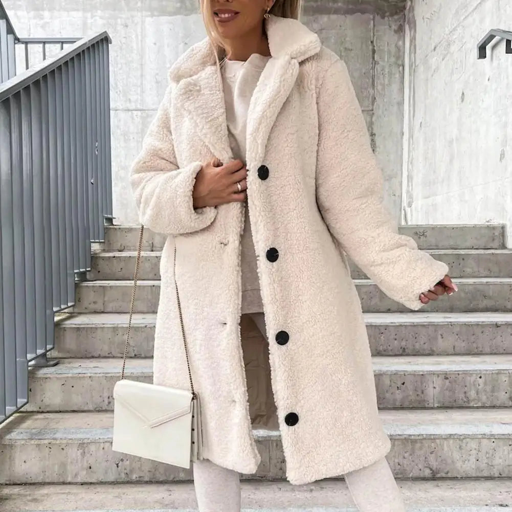 TAMBREET Women Trench Winter Longer Faux Fur Warm Coat Long Sleeve Female Thick Teddy Bear Coat Casual Loose Oversize Outwears