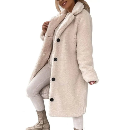 TAMBREET Women Trench Winter Longer Faux Fur Warm Coat Long Sleeve Female Thick Teddy Bear Coat Casual Loose Oversize Outwears