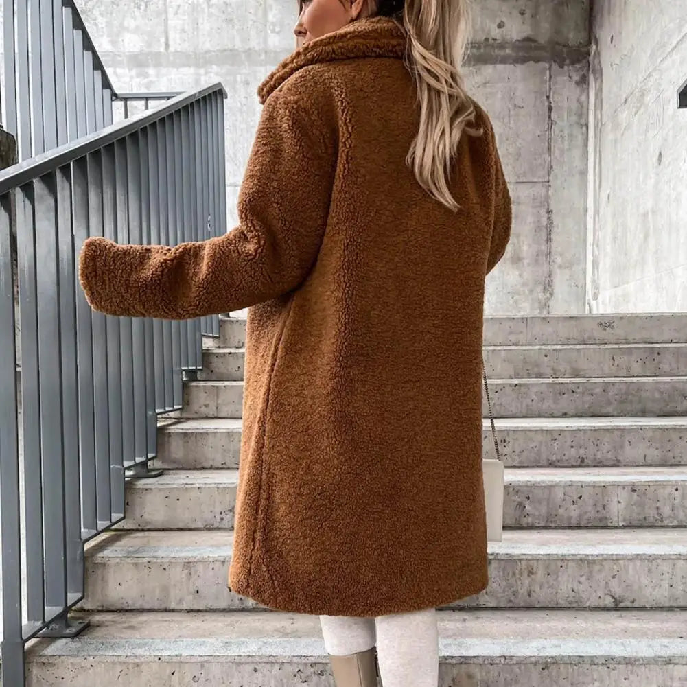 TAMBREET Women Trench Winter Longer Faux Fur Warm Coat Long Sleeve Female Thick Teddy Bear Coat Casual Loose Oversize Outwears