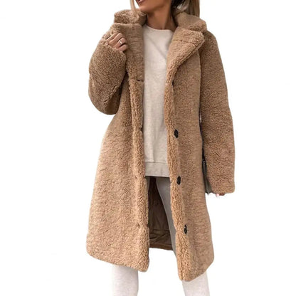 TAMBREET Women Trench Winter Longer Faux Fur Warm Coat Long Sleeve Female Thick Teddy Bear Coat Casual Loose Oversize Outwears