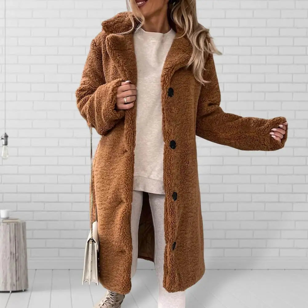 TAMBREET Women Trench Winter Longer Faux Fur Warm Coat Long Sleeve Female Thick Teddy Bear Coat Casual Loose Oversize Outwears