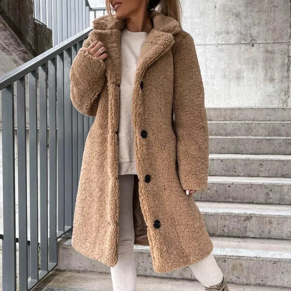 TAMBREET Women Trench Winter Longer Faux Fur Warm Coat Long Sleeve Female Thick Teddy Bear Coat Casual Loose Oversize Outwears