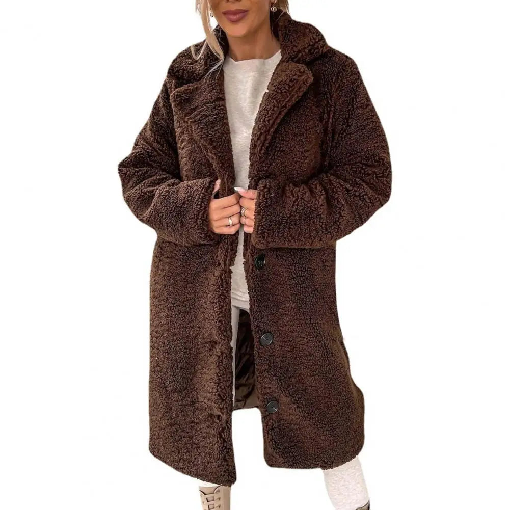 TAMBREET Women Trench Winter Longer Faux Fur Warm Coat Long Sleeve Female Thick Teddy Bear Coat Casual Loose Oversize Outwears