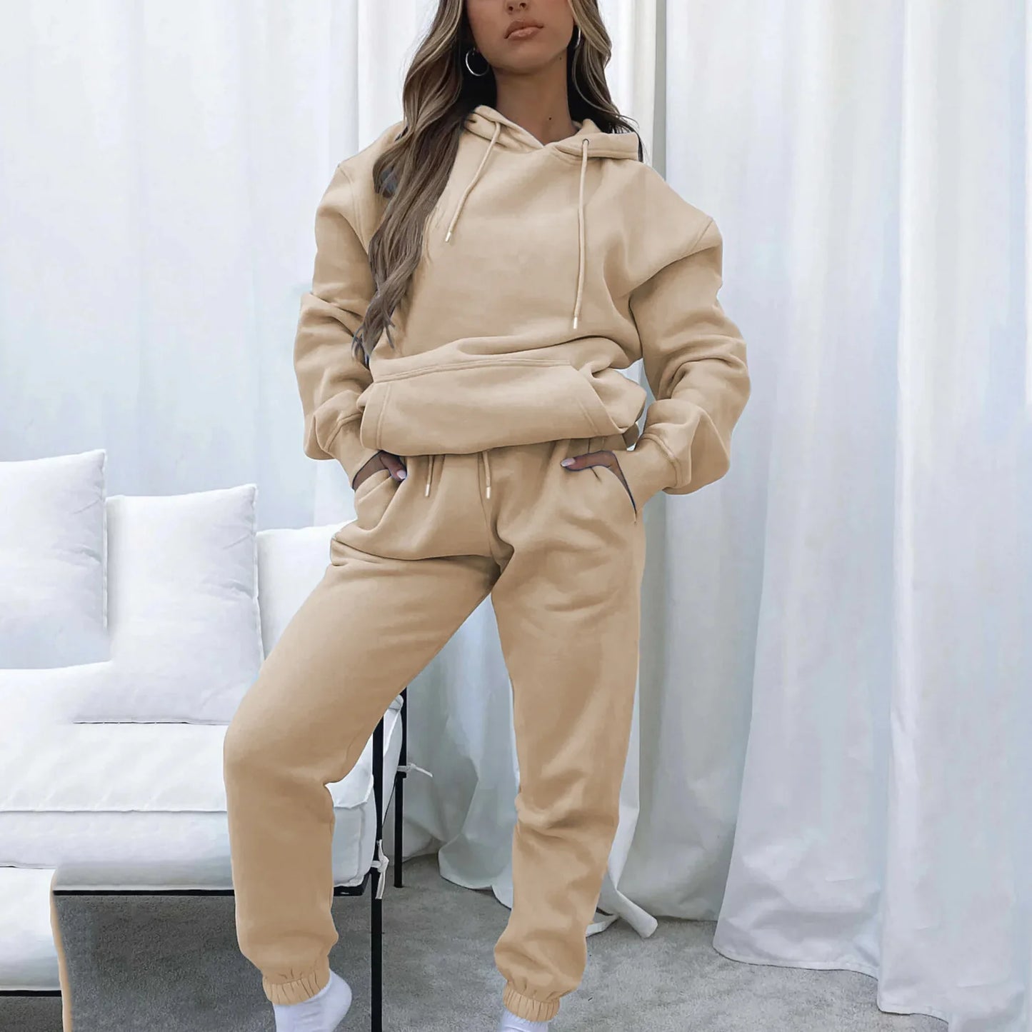 TAMBREET Women Two Piece Sets Tracksuit outfit Hooded Sweatshirts Pocket Drawstring Long Pants Suit Thick Casual Office Lady Autumn