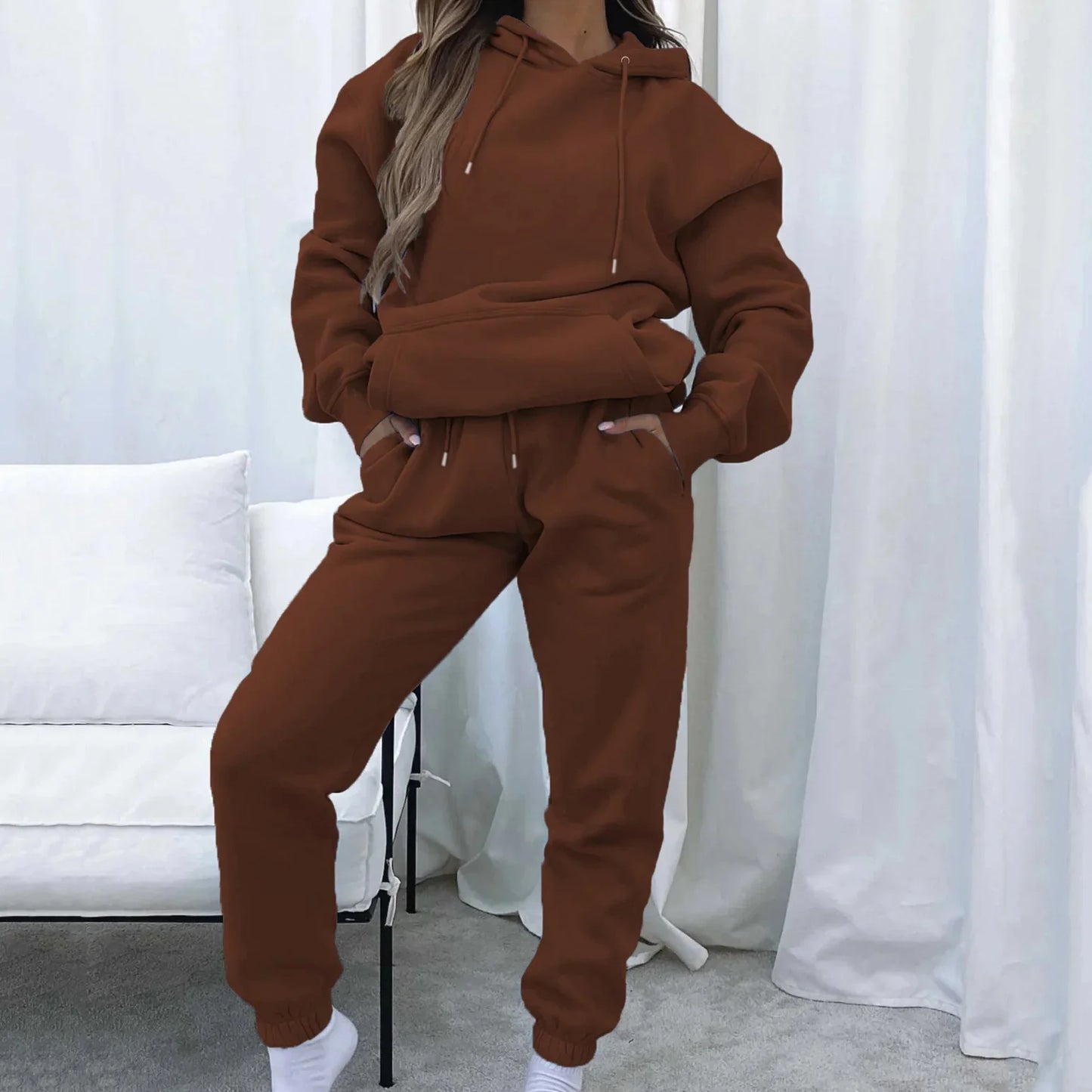 TAMBREET Women Two Piece Sets Tracksuit outfit Hooded Sweatshirts Pocket Drawstring Long Pants Suit Thick Casual Office Lady Autumn