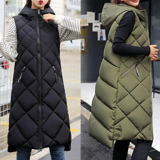 TAMBREET Women Vest Solid Color Padded Zipper Sleeveless Hooded Down Coat Thick Midi Length Winter Outwear For Daily Wear Women Clothes