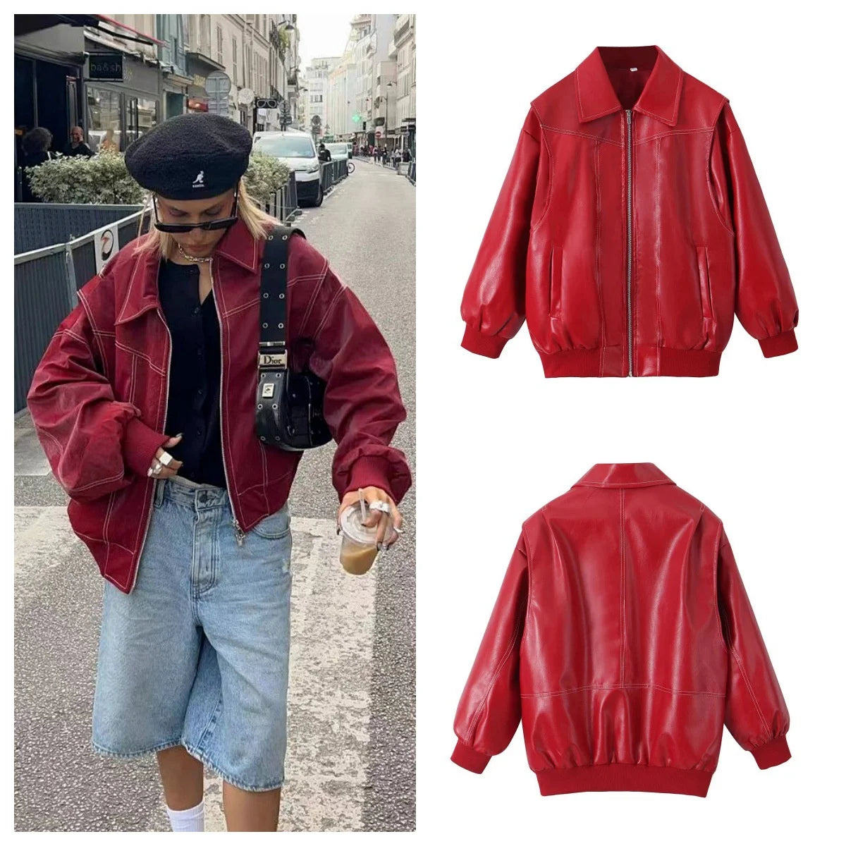 TAMBREET Women Vintage Solid Red Leather Spliced Cropped Zipper Coat Casual Fashion Lapel Long Sleeve Cool Jacket Female Autumn Outerwear