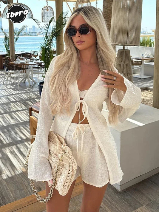 TAMBREET Women White Lace Up V Neck Long Sleeve Shirt Set Summer Fashion High Waist Shorts 2 Pces Sets Casual Loose Female Beach Outfits