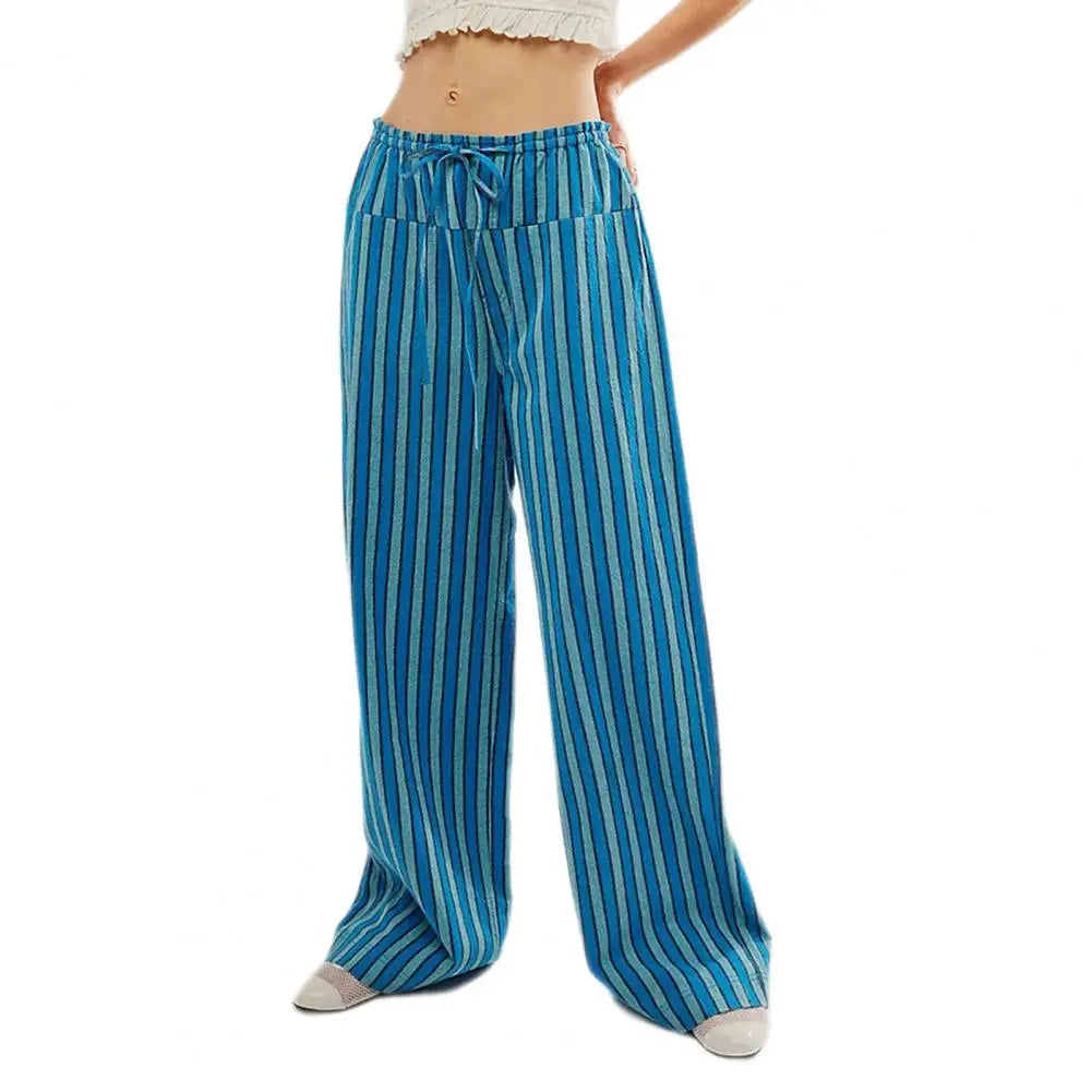 TAMBREET Women Wide-leg Pants Striped Print Bottoms Vertical Striped Wide Leg Pants with Drawstring Pockets for Women Streetwear for A