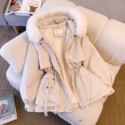 TAMBREET Women Winter Fur Puffer Jackets Thick Warm Loose Oversized Cotton Down Coat Long Sleeve Hooded Fleece Causal Zipper Lady Parkas