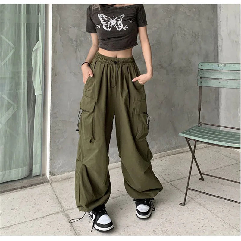 TAMBREET Women Y2K Beam Feet Cargo Pants Fashion Causal Korean Baggy Streetwear Trousers Hip Hop Harajuku Wide Leg Drawstring Sweatpants