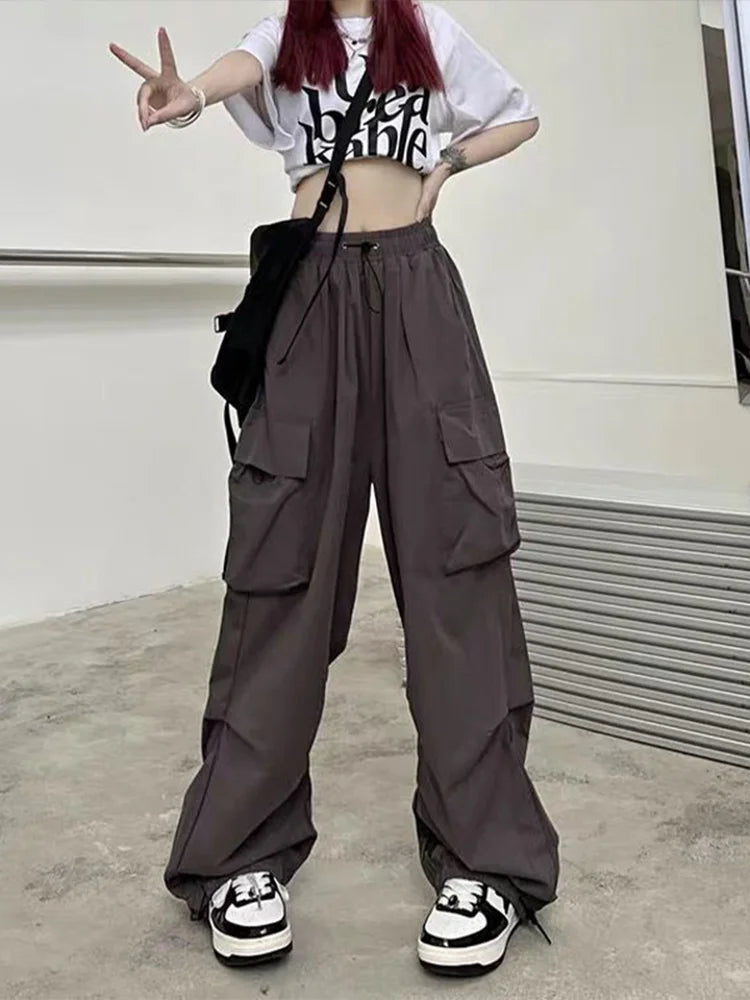 TAMBREET Women Y2K Beam Feet Cargo Pants Fashion Causal Korean Baggy Streetwear Trousers Hip Hop Harajuku Wide Leg Drawstring Sweatpants