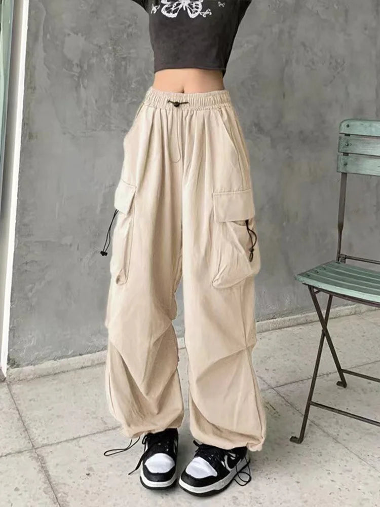 TAMBREET Women Y2K Beam Feet Cargo Pants Fashion Causal Korean Baggy Streetwear Trousers Hip Hop Harajuku Wide Leg Drawstring Sweatpants