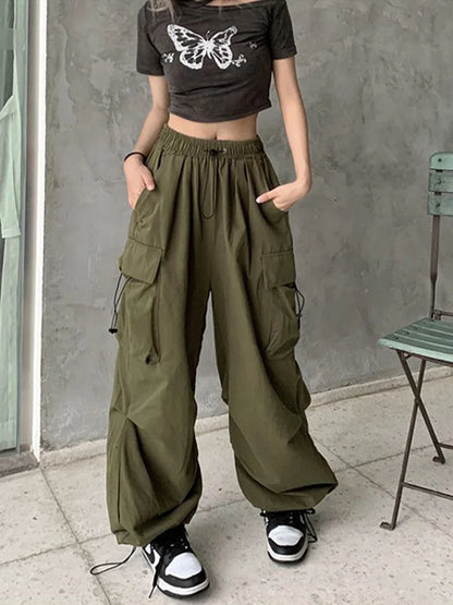 TAMBREET Women Y2K Beam Feet Cargo Pants Fashion Causal Korean Baggy Streetwear Trousers Hip Hop Harajuku Wide Leg Drawstring Sweatpants