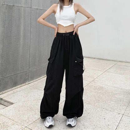 TAMBREET Women Y2K Beam Feet Cargo Pants Fashion Causal Korean Baggy Streetwear Trousers Hip Hop Harajuku Wide Leg Drawstring Sweatpants