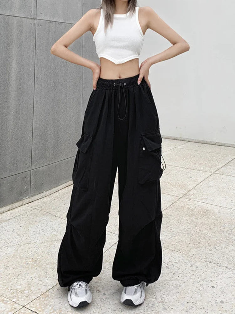 TAMBREET Women Y2K Beam Feet Cargo Pants Fashion Causal Korean Baggy Streetwear Trousers Hip Hop Harajuku Wide Leg Drawstring Sweatpants