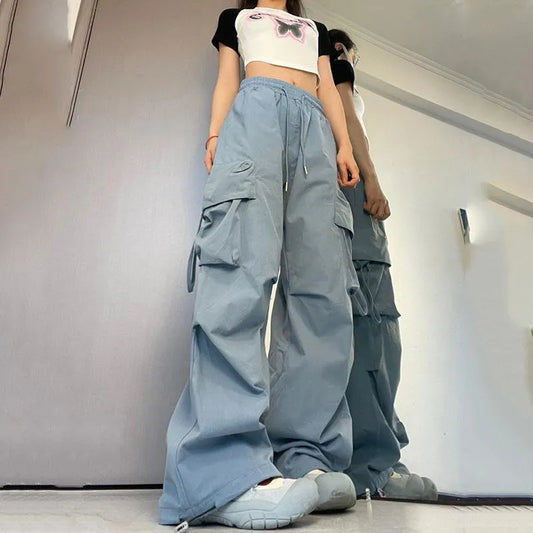 TAMBREET Women Y2K Cargo Pants High Waist Streetwear Hip Hop Trousers Female Big Pockets Casual Low Waist Drawstring Baggy Sweatpants