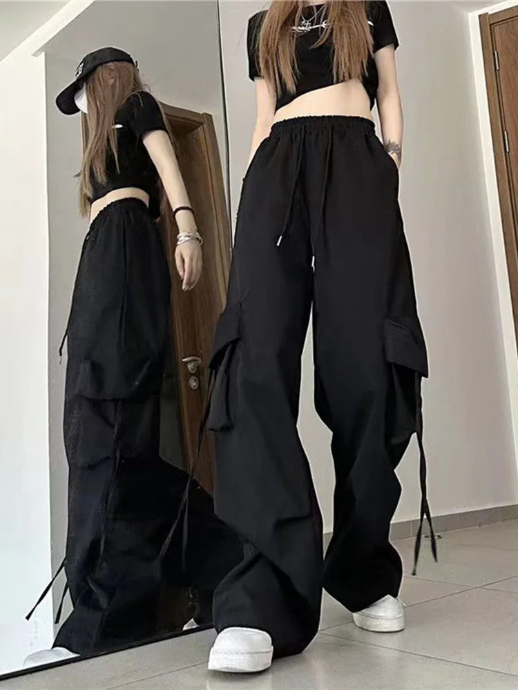 TAMBREET Women Y2K Korean Cargo Pants Hip Hop Loose Causal Wide Leg Pants Fashion High Waist Baggy Streetwear Multi Pockets Sweatpants