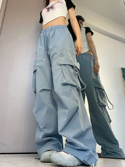 TAMBREET Women Y2K Korean Cargo Pants Hip Hop Loose Causal Wide Leg Pants Fashion High Waist Baggy Streetwear Multi Pockets Sweatpants