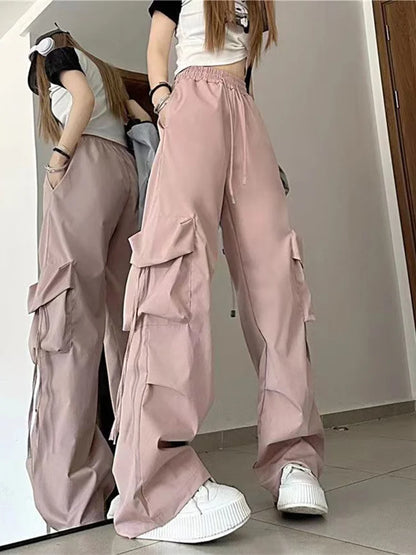 TAMBREET Women Y2K Korean Cargo Pants Hip Hop Loose Causal Wide Leg Pants Fashion High Waist Baggy Streetwear Multi Pockets Sweatpants