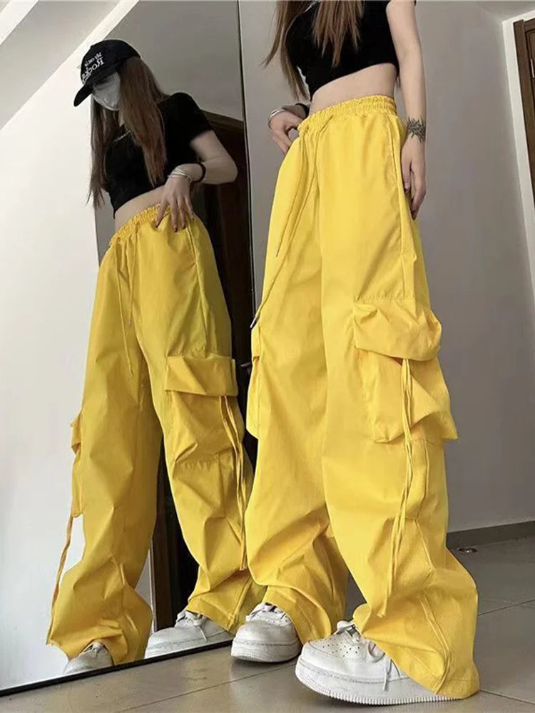 TAMBREET Women Y2K Korean Cargo Pants Hip Hop Loose Causal Wide Leg Pants Fashion High Waist Baggy Streetwear Multi Pockets Sweatpants