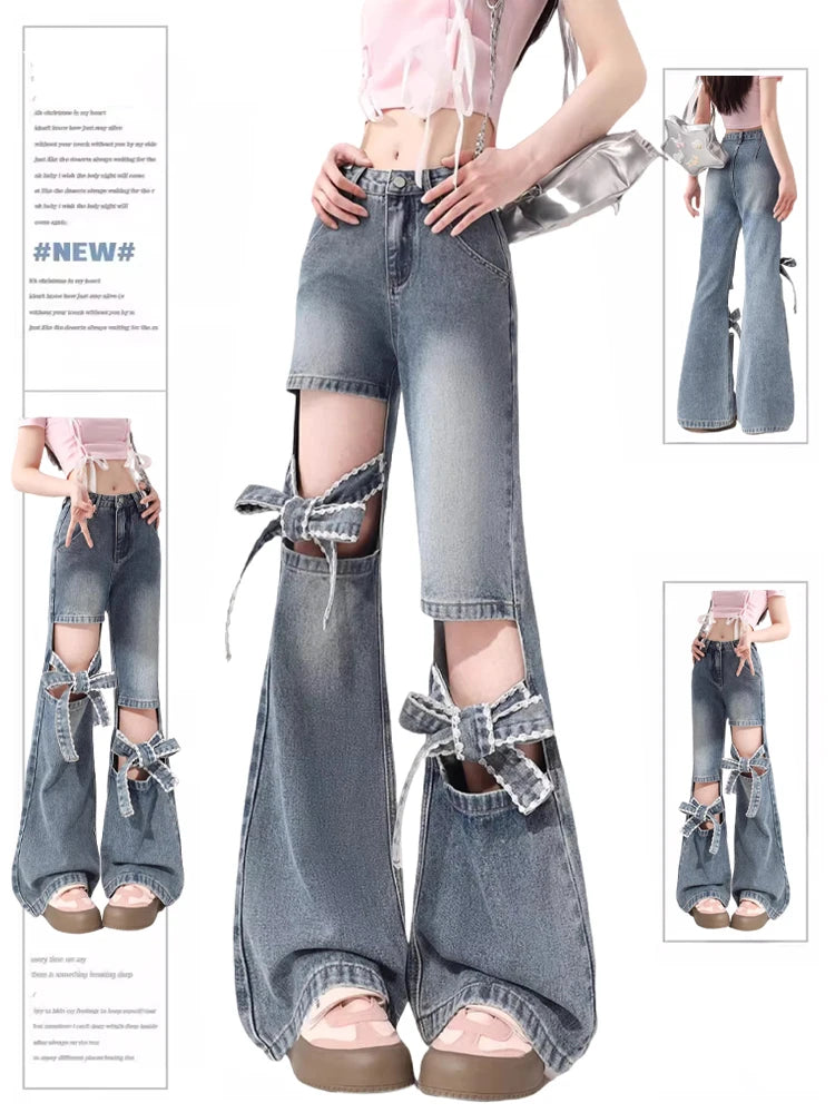 TAMBREET Women Y2k Bow Jeans Baggy Harajuku 2000s Trashy Hollow Out Oversize Denim Trousers 90s Aesthetic Jean Pants Vintage Clothes 2024