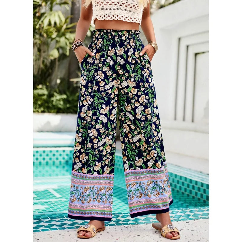 TAMBREET Women's 2024 Spring/Summer Casual Vacation Printed Wide Leg Pants Temperament Commuting Female Fashion Loose Long Trousers