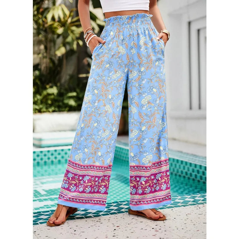 TAMBREET Women's 2024 Spring/Summer Casual Vacation Printed Wide Leg Pants Temperament Commuting Female Fashion Loose Long Trousers