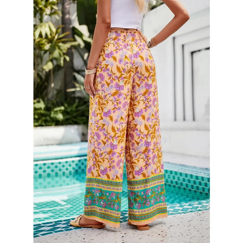 TAMBREET Women's 2024 Spring/Summer Casual Vacation Printed Wide Leg Pants Temperament Commuting Female Fashion Loose Long Trousers