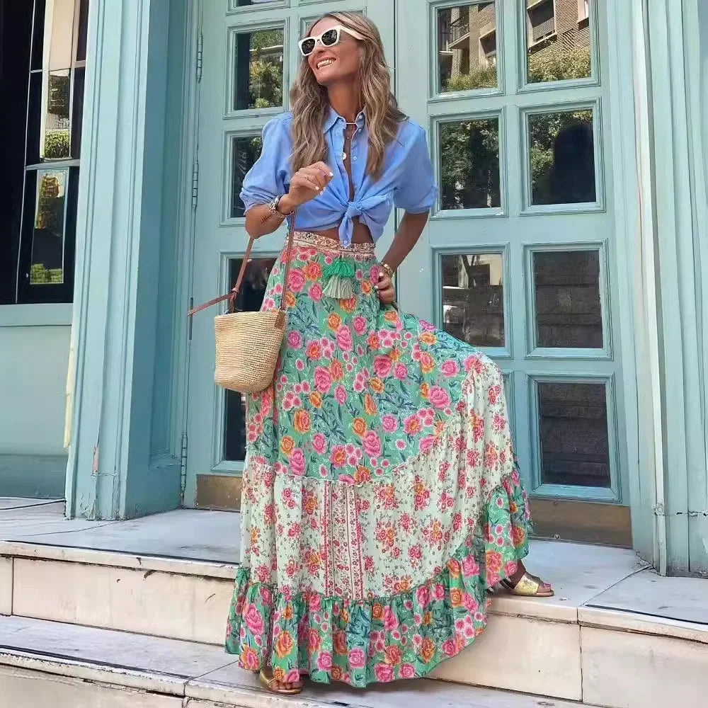 TAMBREET Women's Boho Floral Print Long Skirts Summer Flowy High Waist Pleated A Line Maxi Skirt Geometric Shirred Beach Midi Dress 2024