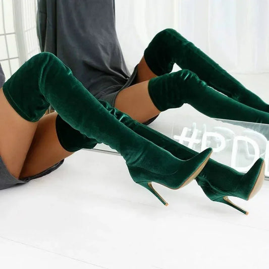 TAMBREET Women's Boots Green Color Over The Knee Boots Fashion Personality Stiletto Elastic Side Zipper Long Boots Large Size 34-43