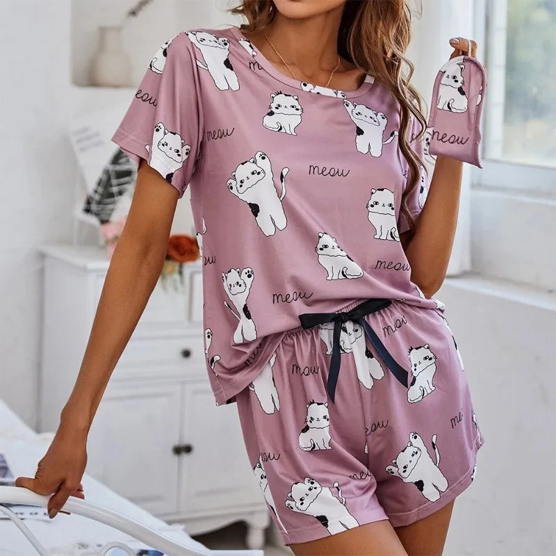 TAMBREET Women's Cartoon Print Pajamas Set Short Sleeve T-Shirt Shorts Sleepwear 2 Piece Set For Women Casual Round Neck Ventilate Suit