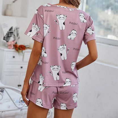 TAMBREET Women's Cartoon Print Pajamas Set Short Sleeve T-Shirt Shorts Sleepwear 2 Piece Set For Women Casual Round Neck Ventilate Suit