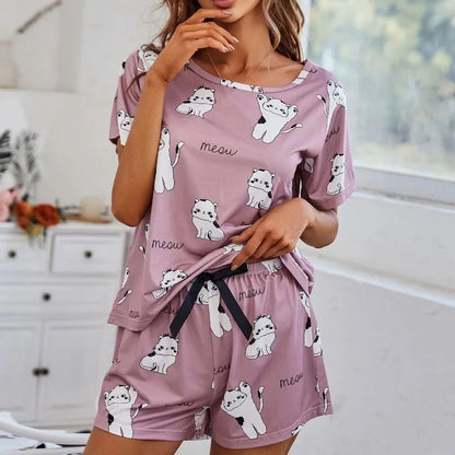 TAMBREET Women's Cartoon Print Pajamas Set Short Sleeve T-Shirt Shorts Sleepwear 2 Piece Set For Women Casual Round Neck Ventilate Suit