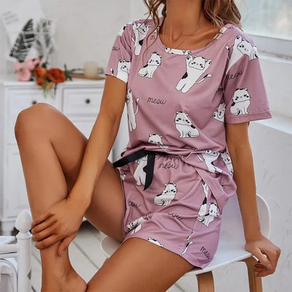 TAMBREET Women's Cartoon Print Pajamas Set Short Sleeve T-Shirt Shorts Sleepwear 2 Piece Set For Women Casual Round Neck Ventilate Suit