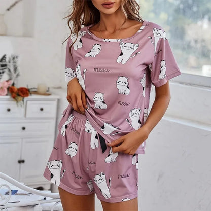 TAMBREET Women's Cartoon Print Pajamas Set Short Sleeve T-Shirt Shorts Sleepwear 2 Piece Set For Women Casual Round Neck Ventilate Suit