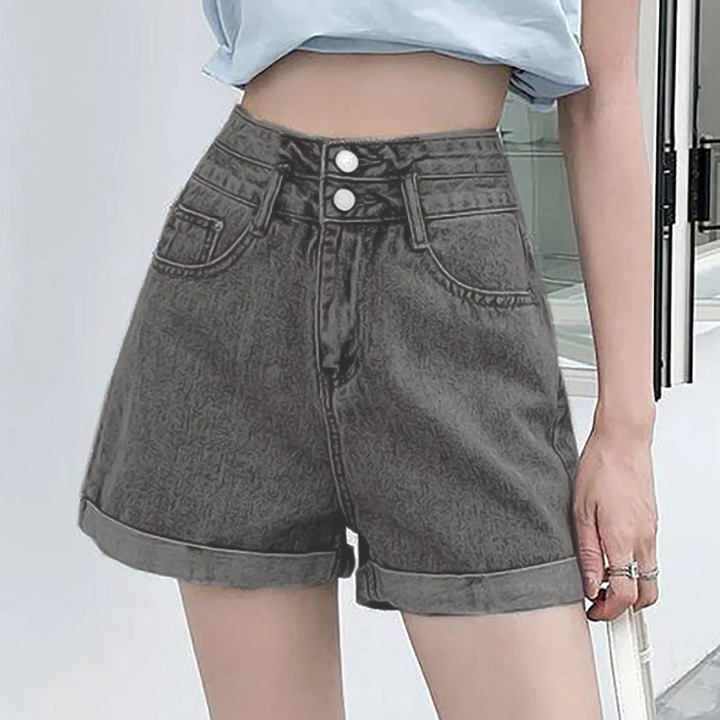 TAMBREET Women's Casual Denim Shorts Fashion Baggy High Waisted Jeans Shorts Summer Button Wide Leg Shorts With Pockets Streetwear 2024