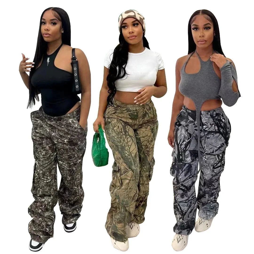 TAMBREET Women's Casual Fashion Camouflage Printing Cargo Pants T23318 European American Style One Piece Agent Shipping